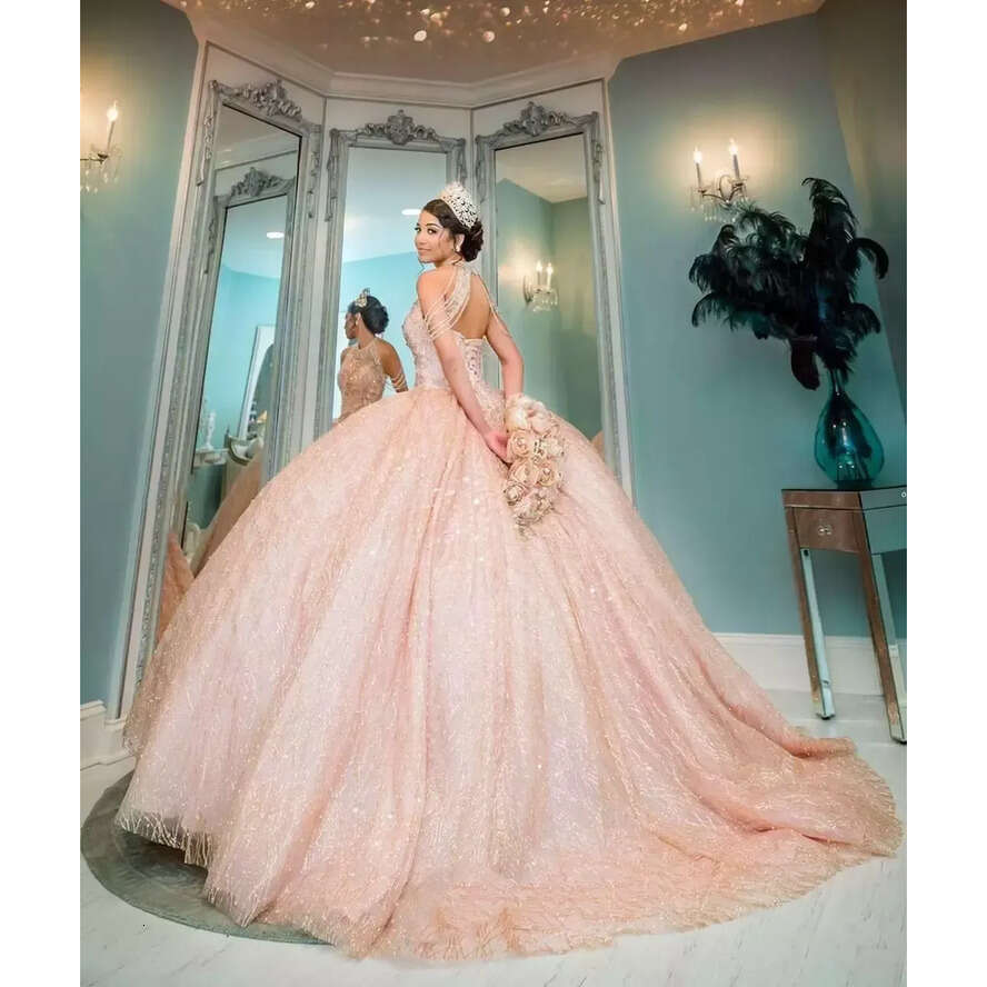 Bg Rose Gold Pink Sequined Lace Quinceanera Dresses High Neck Crystal Beading Off Shoulder Ball Gown Vestidos De Dress Guest Corset Back Tulle