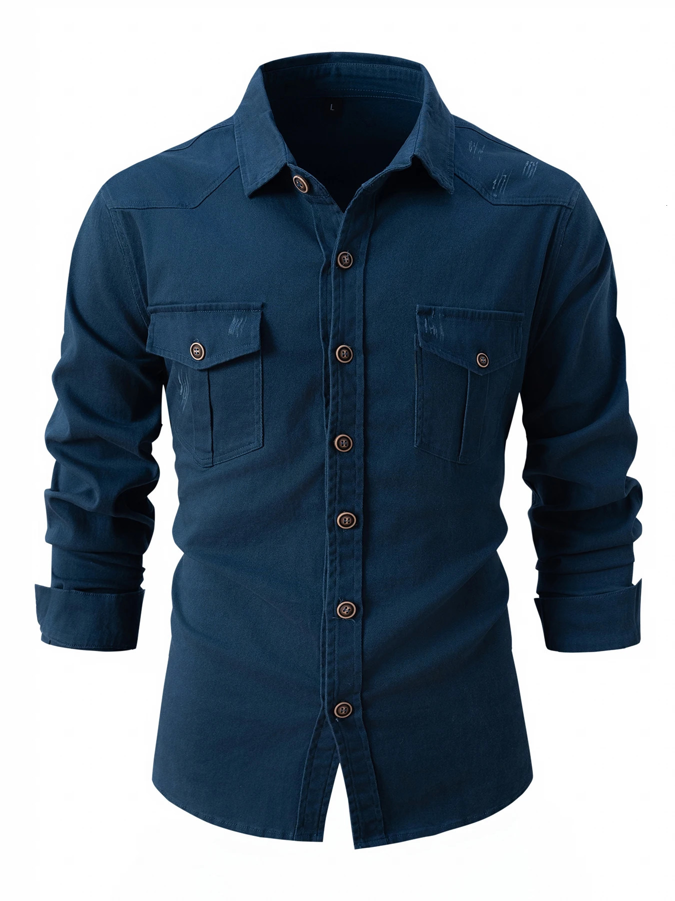 European size denim shirt mens casual solid color double pocket mens long sleeved washable elastic cotton fashion business sh 241030