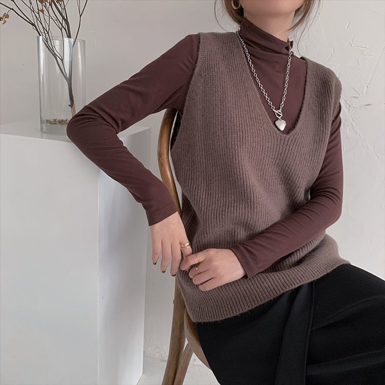 Japanese Korean Minimalist Style Solid Color V Neck Casual Knitted In Autumn And Winter New Pullover Camisole Layered Vest For Women F1104#29