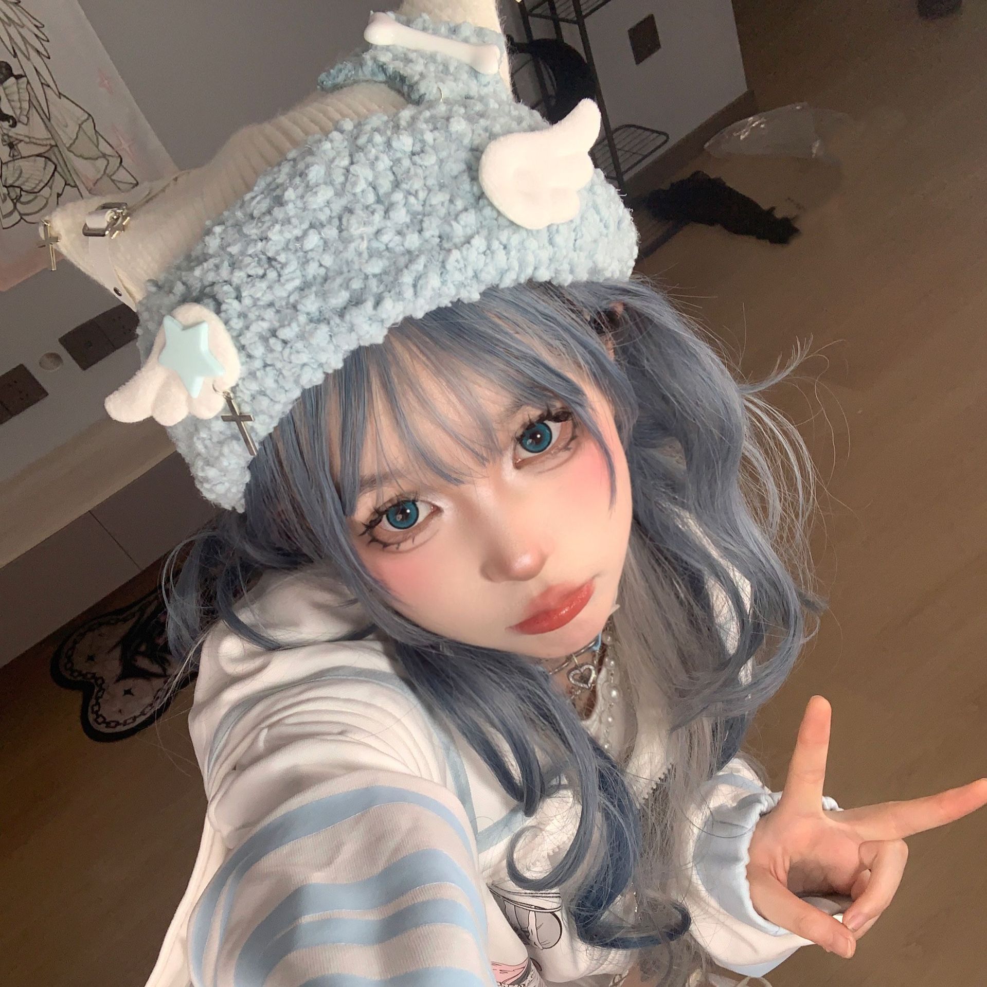 Beanie Skull Caps Water blue subculture knitted hat cat ear hat Lolita hat Christmas gifts