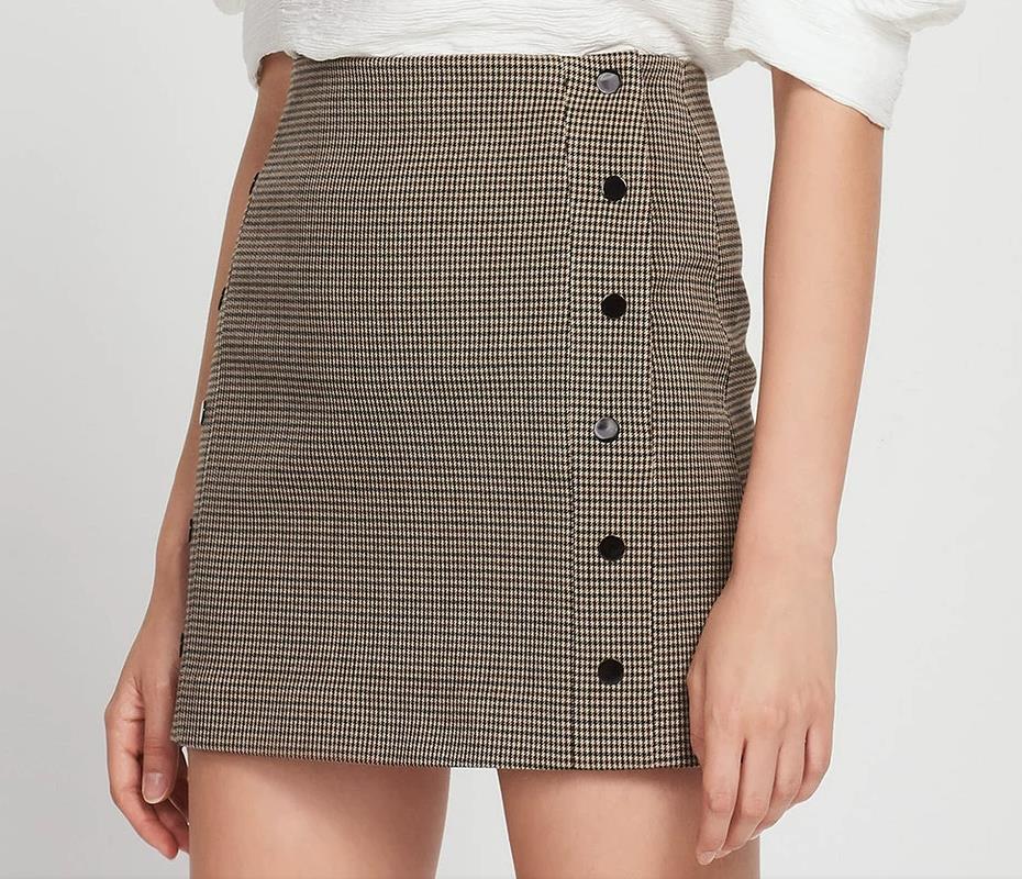 2025 Spring Khaki Houndstooth Checked Print Skirt High Waist Double-Breasted Above Knee Short Mini Skirts CFM4O22