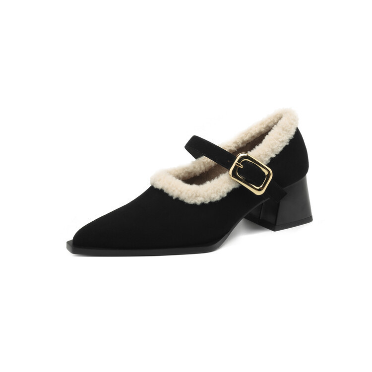 Women's Fashion Dress Shoes:French Retro Style Winter Fleece Warm Pointed Toe Mary Jane Shoes High Heel Chunky Shoes,Black/Brown,Free shipping
