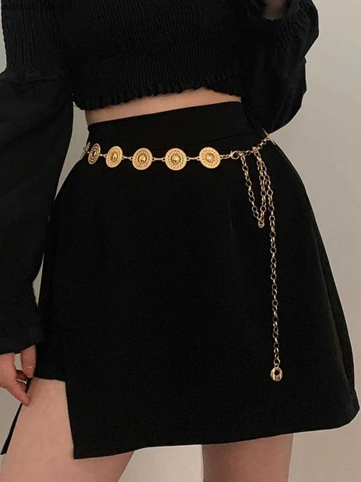 Belts Womens Steampunk Hollow Round Waist Chain Womens Design Art Alloy Belt Used for Dresses Elegance and Fashion Bohemian L240910