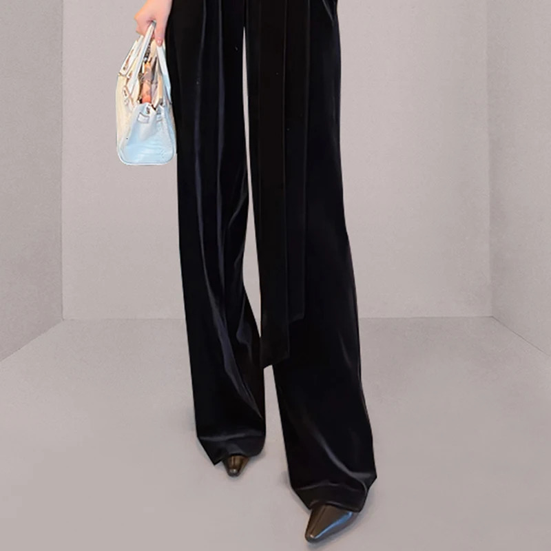 elegant autumn purple velvet jumpsuit womens V-neck high waisted lace pocket office womens wide leg jumpsuit 241031