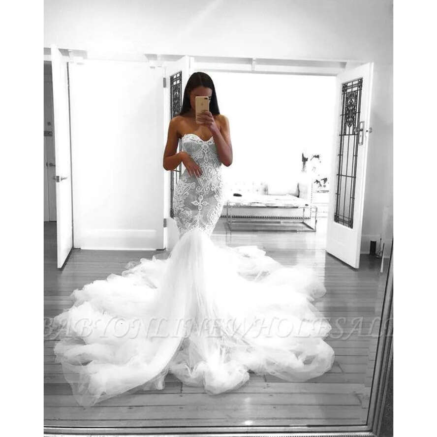 Gorgeous Mermaid Full Wedding Dresses Sweetheart Neck Tulle Sweep Train Lace Appliques Bridal Gowns Vestido De Novia