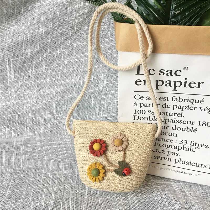 Summer Childrens Straw Woven Messenger Bag Lovely Girls Small Coin Purse Handbags Baby Kids Mini Shoulder Bags Princess Wallet LX241104