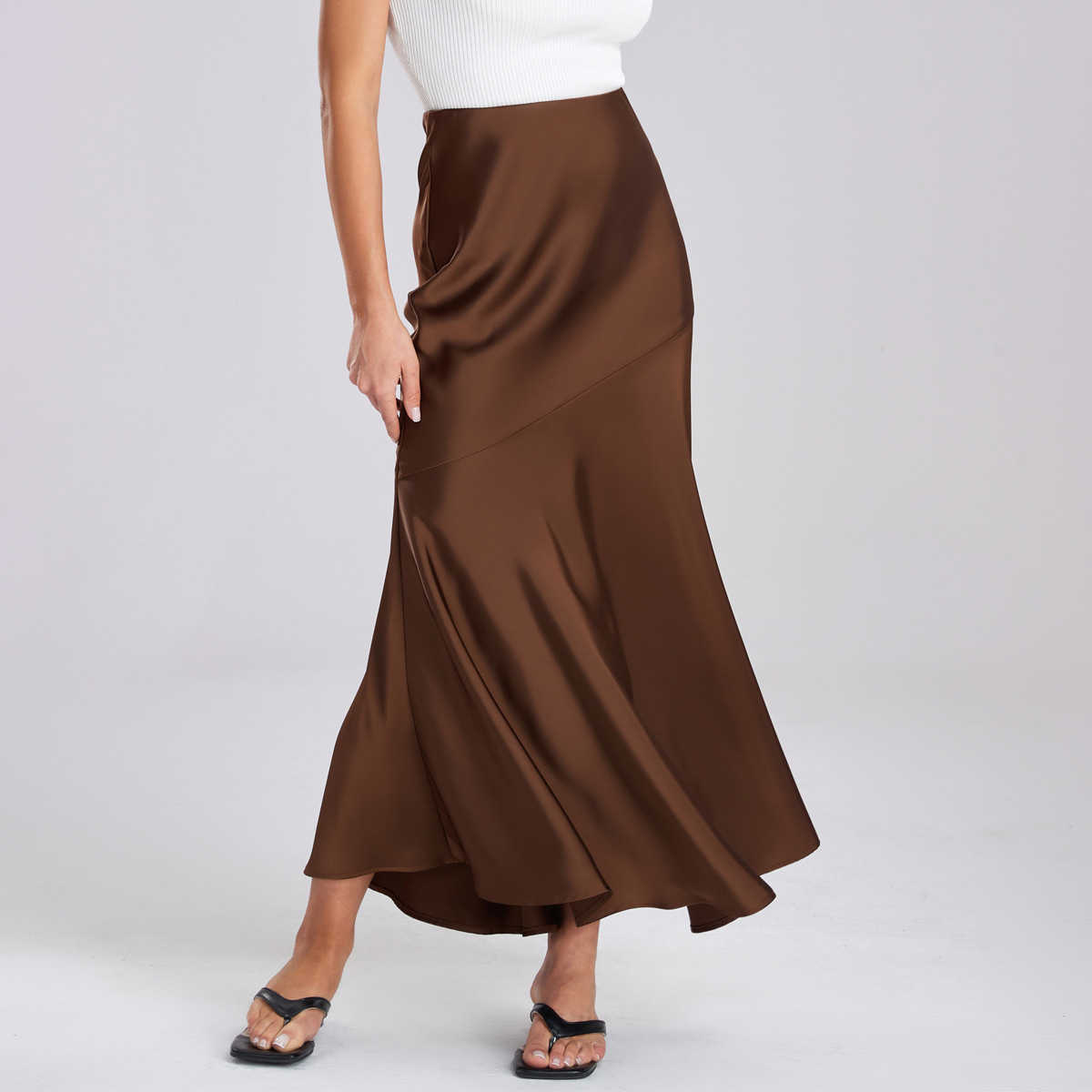 WoMens Acetate Satin Long Skirt With High Waist And Elastic Career Skirts Splicing Slim Fit And Slimming Hip Hugging Skirt Clothes For Women 241023