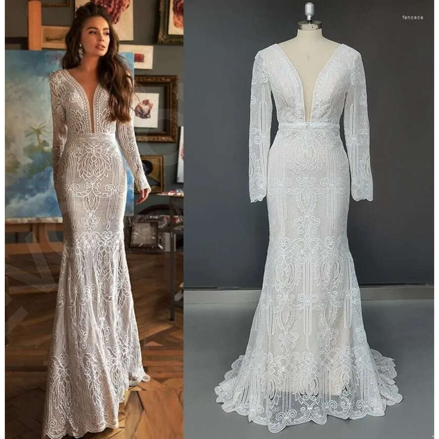 Wedding Dress V-Neck Sexy Long Sleeve Mermaid Sweep Train Lace Elegant Bohemian Boho Open Back Bridal Gown