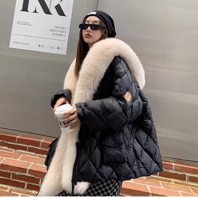 European Station Large Wool Collar Down Jacket Women's 2024 Winter New Medium Length Coat