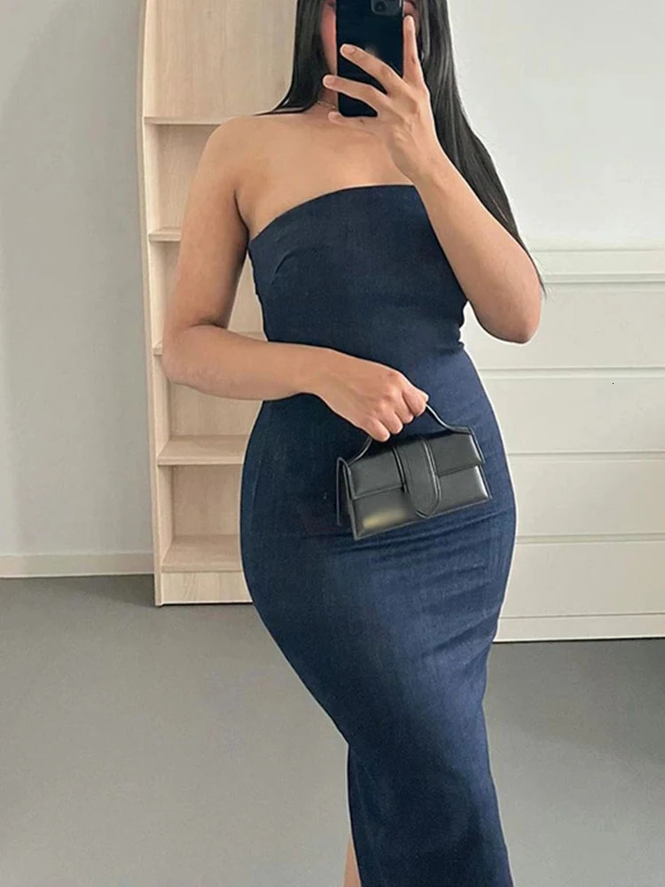 TRAF Off Shoulder Denim Dress Woman Blue Corset Long Dres Midi Bodycon Dresses For Women 2023 Elegant Party 240402