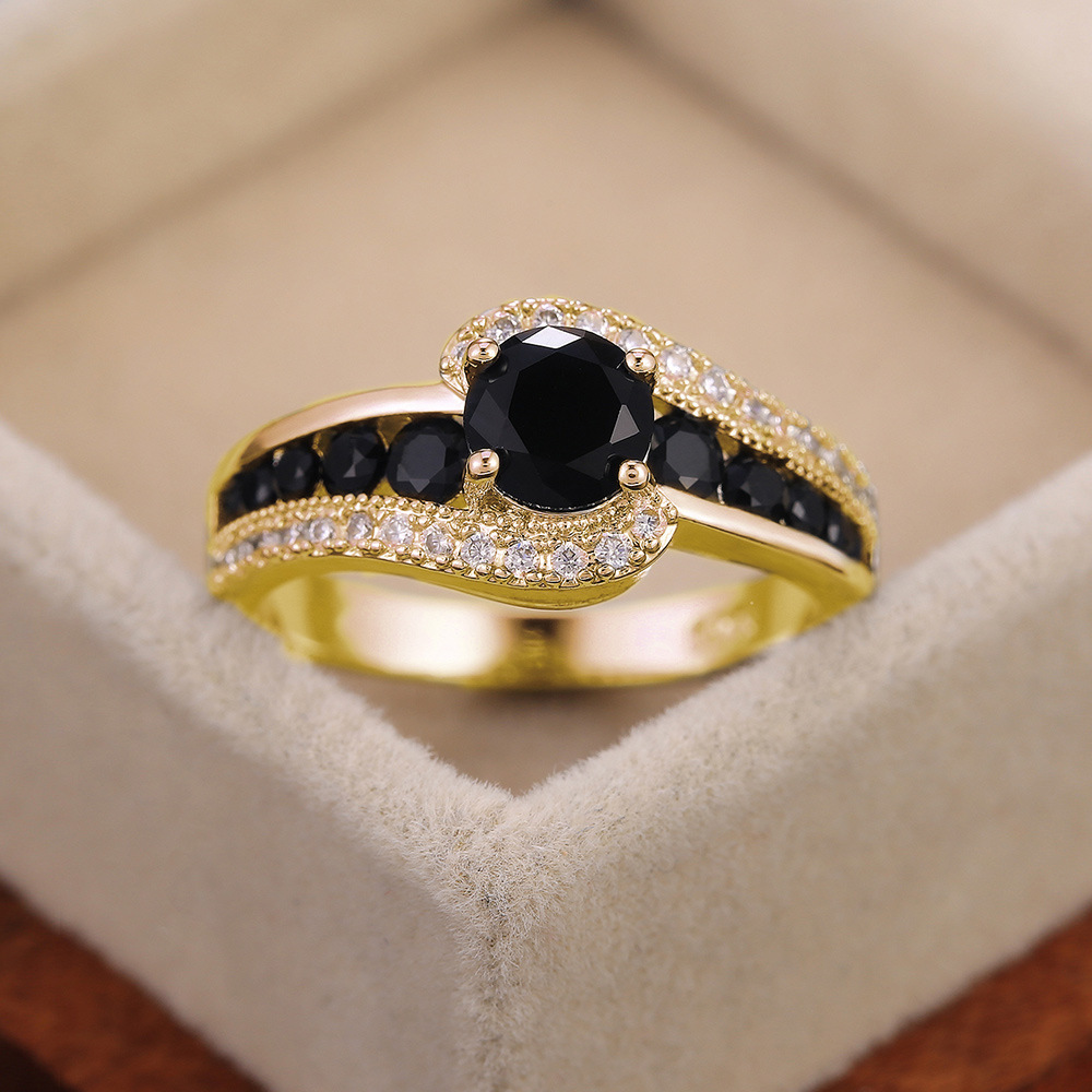 Solitaire Ring Classic 925 Sterling Silver Black Zircon Ring Women Round Crystal 18K White Gold Ring Luxury Wedding Jewelry Holiday Gift