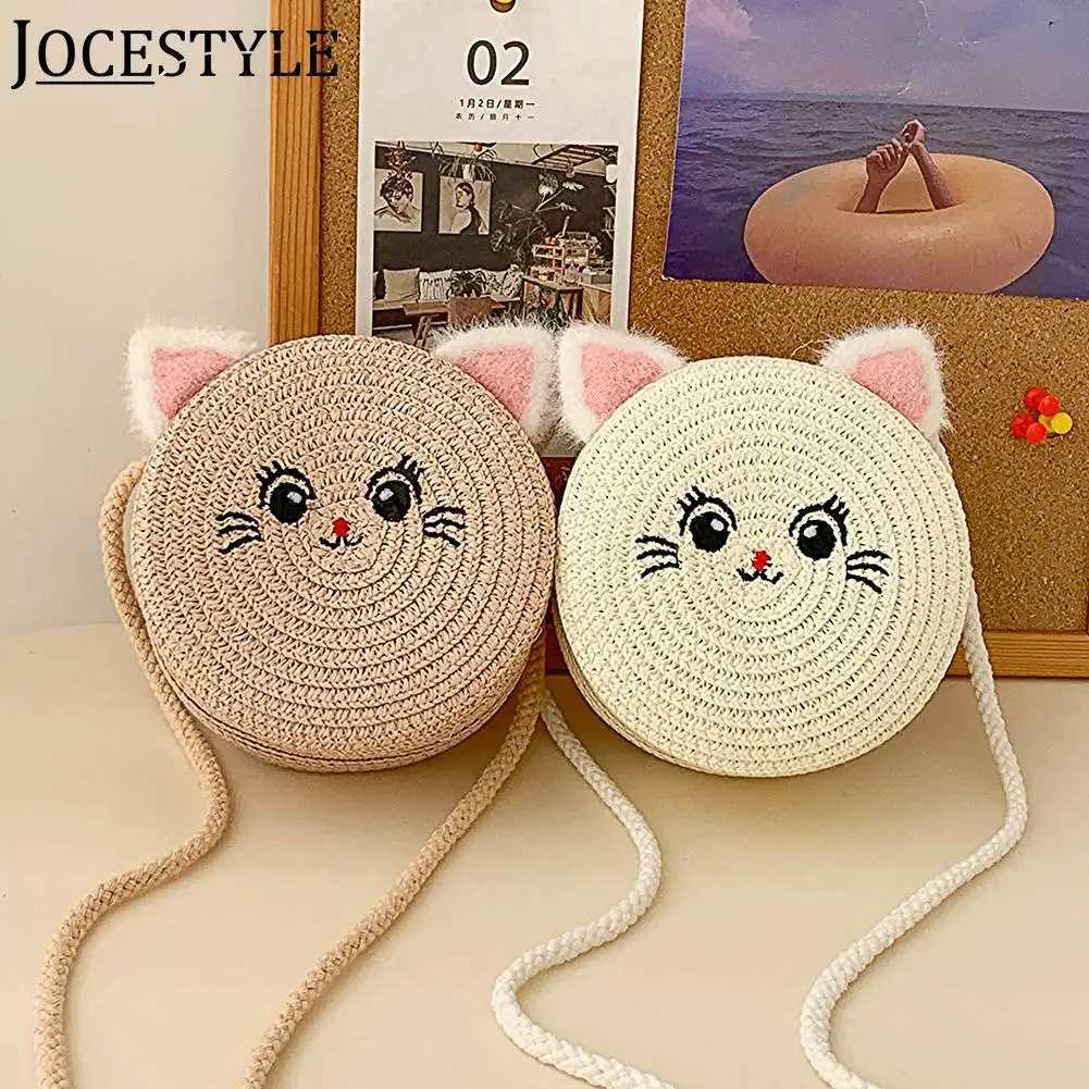 Cute Cat Beach Bag for Kids Fashion Small Round Straw Bag Casual Handmade Woven Shoulder Bag Solid Color Zipper Crossbody Bag LX241104