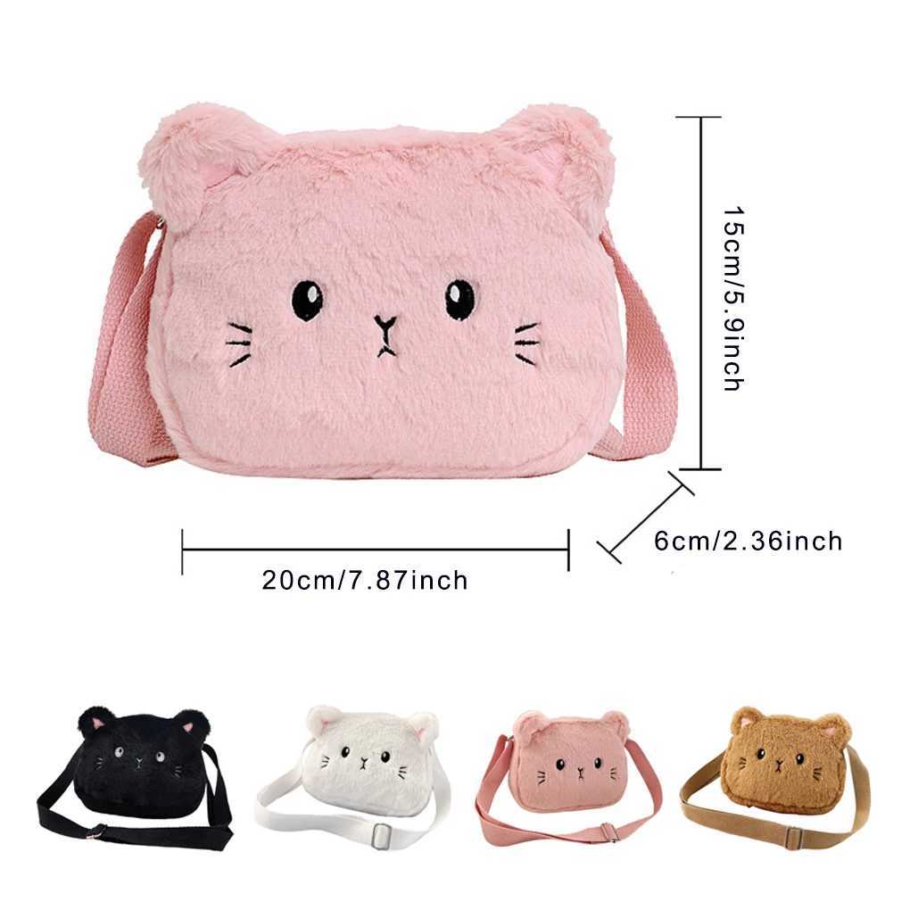 Cat Baby Girls Crossbody Bags Cute Plush Children Shoulder Bag Winter Animal Shape Small Coin Purse Black LX241104