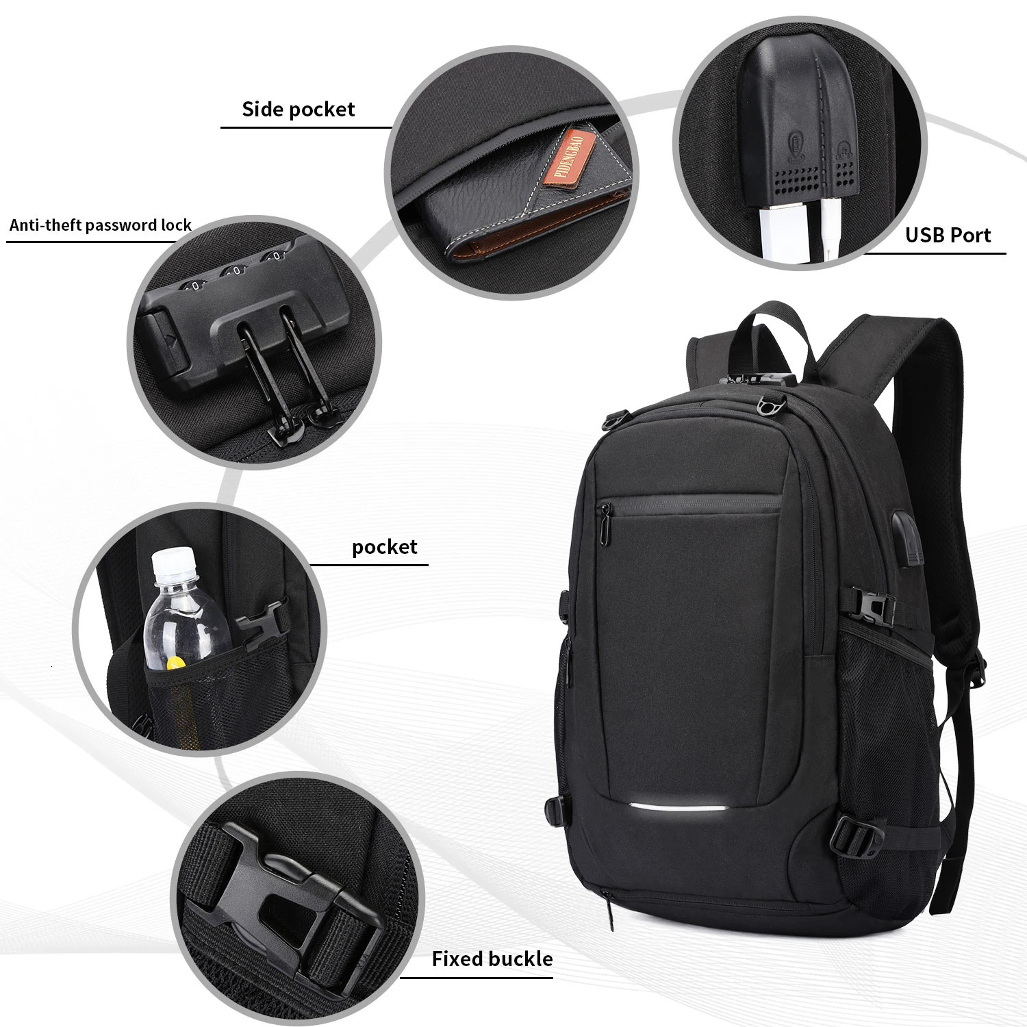Neutral waterproof backpack with anti-theft password lock reflective strip basketball net pocket USB and headphone jack 241031