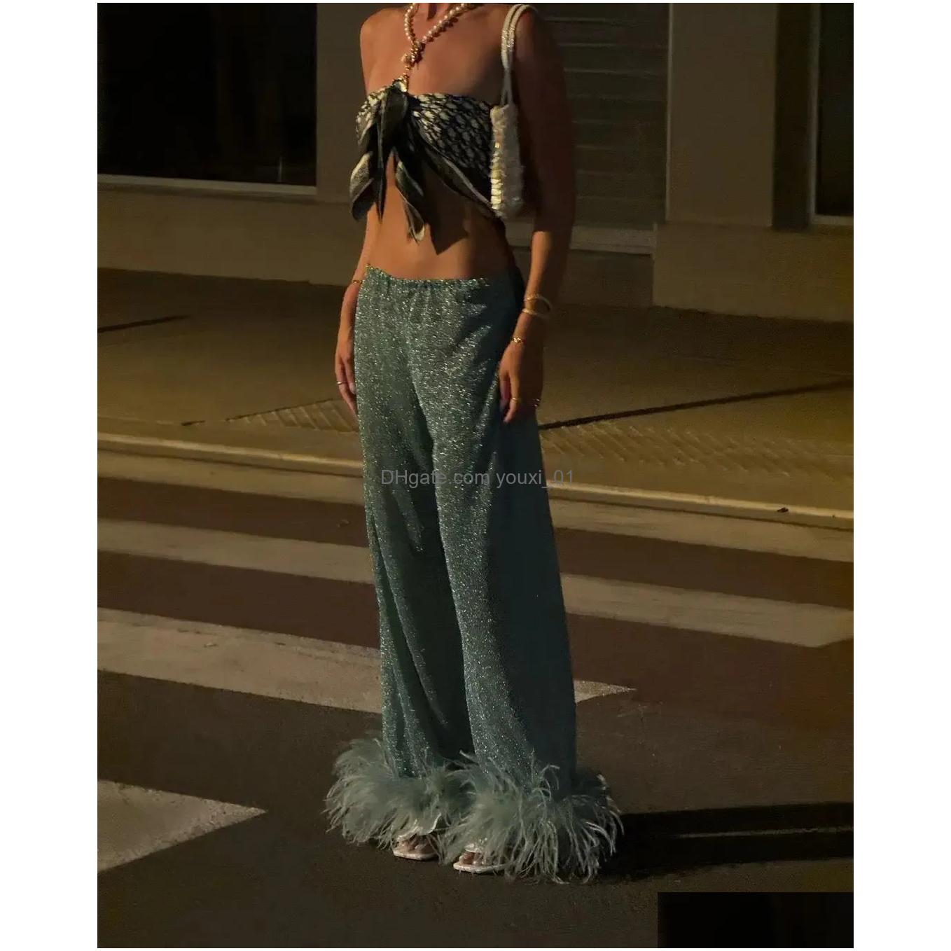 Womens Fashion Shiny Feather Solid Shirt Trouser Set Unique Collar Single Chest Top Autumn Holiday 240903 Drop Delivery Apparel Cloth Dhrze