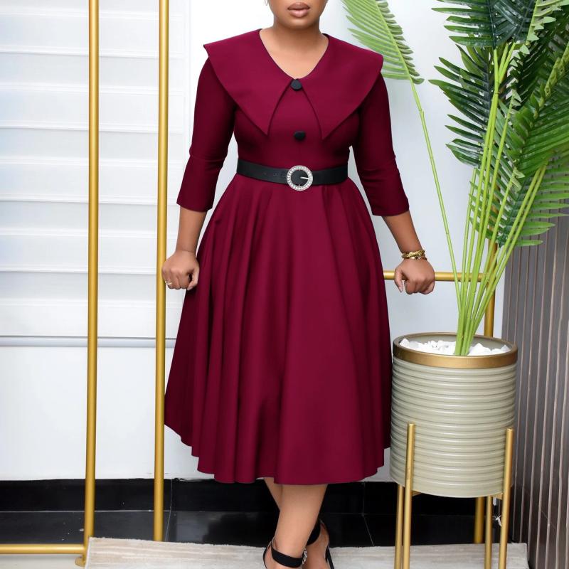 Casual Dresses Elegant Office Dress For Women Midi With Sleeve O Neck Turn Down Collar Three Quarter Belt Waisted Mid Calf Formal Work OL