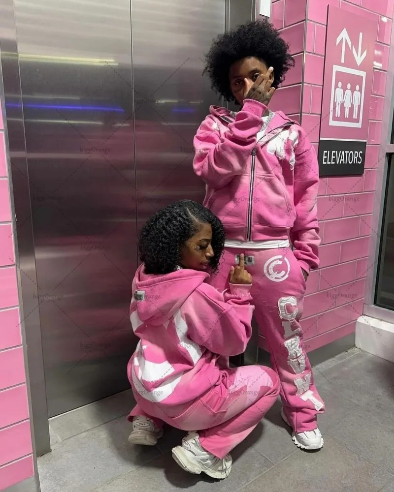 American street hip-hop letter patch embroidery oversized pink zipper hoodie womens Y2K Harajuku Gothic couple sports shirt 241030