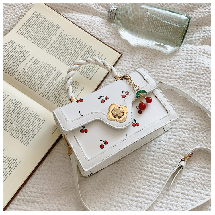 2025 Designer New 3 Cute 2024 Cherry Printed Crossbody Fried Dough Twists Handheld Small Square Fresh Color Contrast Design Girl's One Shoulder B