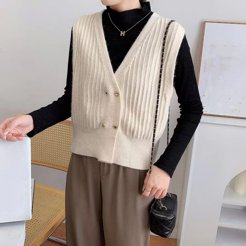 Sweater Double Breasted Vertical Stripes Autumn And Winter New Sleeveless Knitted V Neck Cardigan Women Vest F1104#29