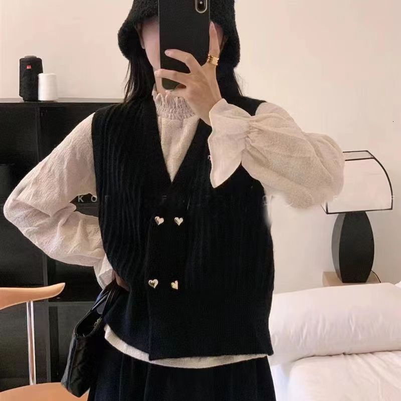 Sweater Double Breasted Vertical Stripes Autumn And Winter New Sleeveless Knitted V Neck Cardigan Women Vest F1104#29