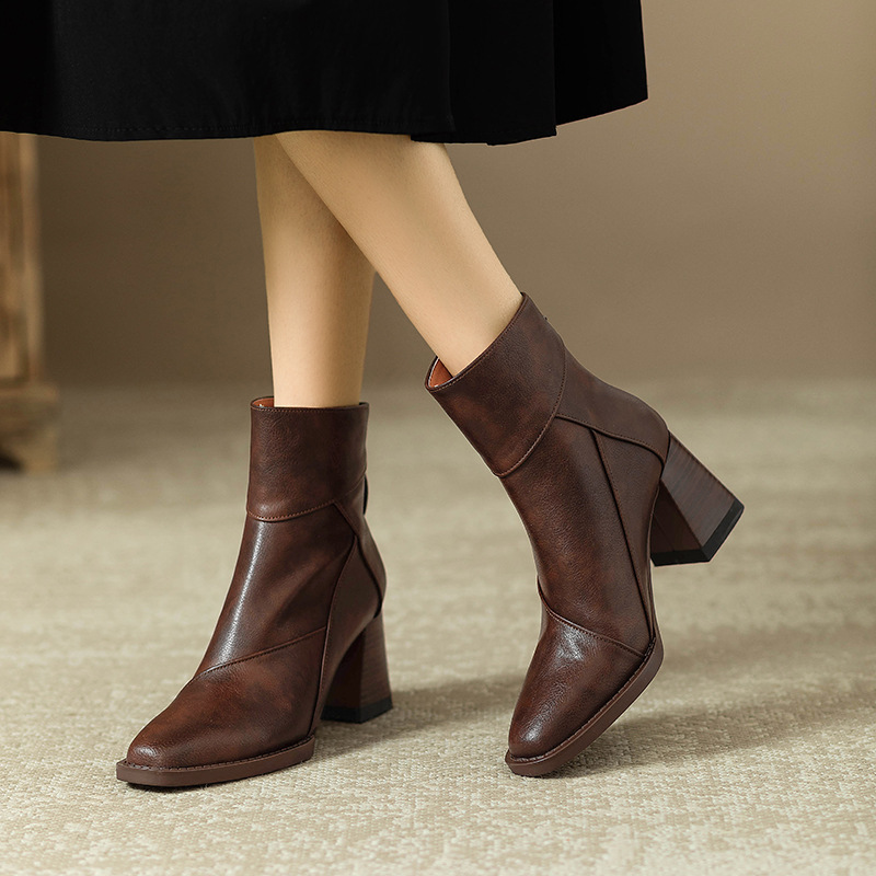 Women's Fashion Boots:High Heel Simple Design Sense Winter Skinny Boots British Style Retro Martin Boots,Black/Brown,Free shipping