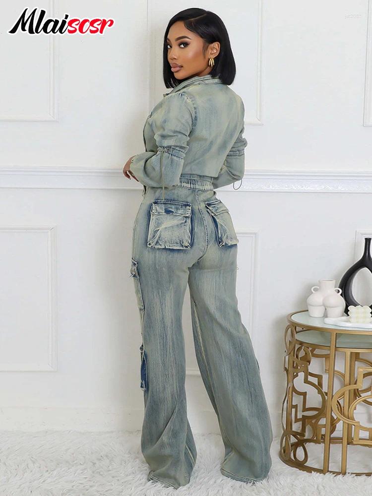 Women's Two Piece Pants Mlaiscsr Vintage Stretch Denim 2 Sets Women Zip Slim Jackets And Pocket Cargo Jeans Outfit Streetwear Winter Suits