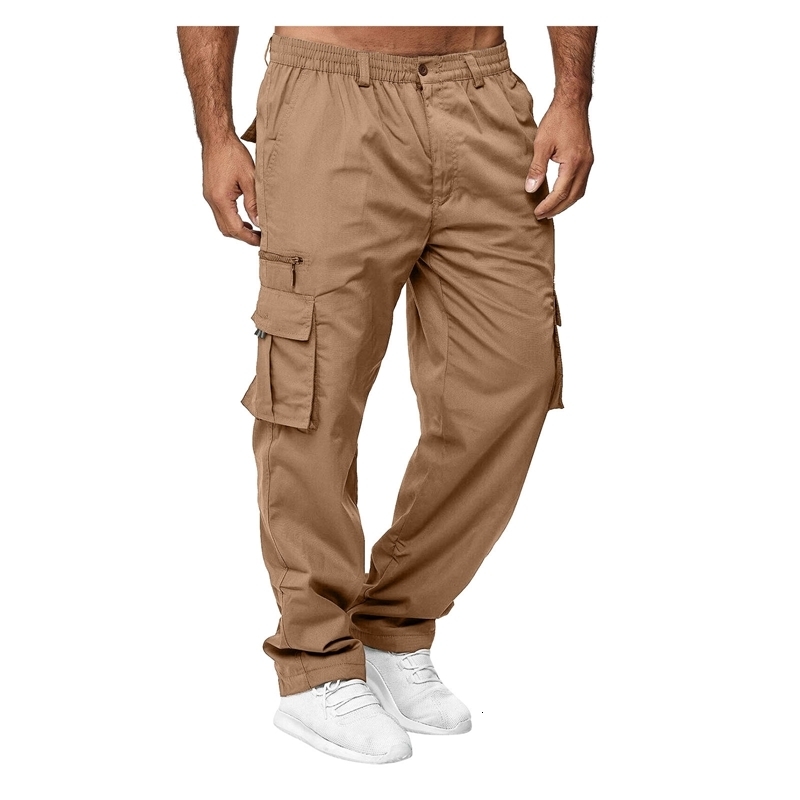 Work pants mens casual multi pocket workwear outdoor loose straight leg long fitness 241021