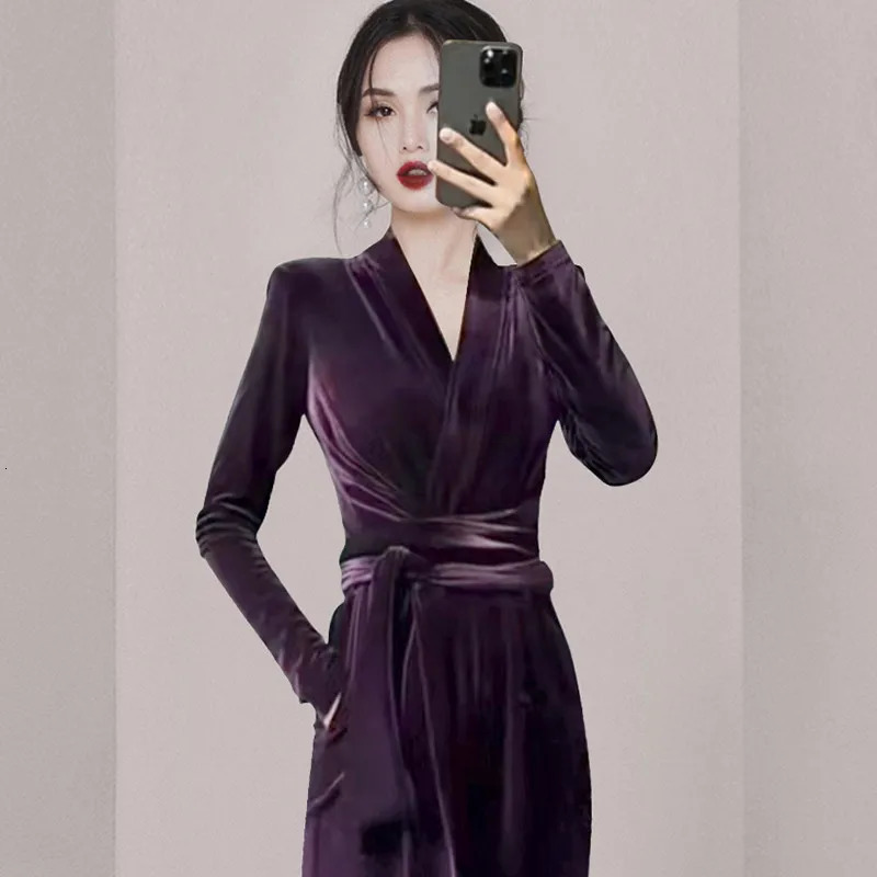 elegant autumn purple velvet jumpsuit womens V-neck high waisted lace pocket office womens wide leg jumpsuit 241031