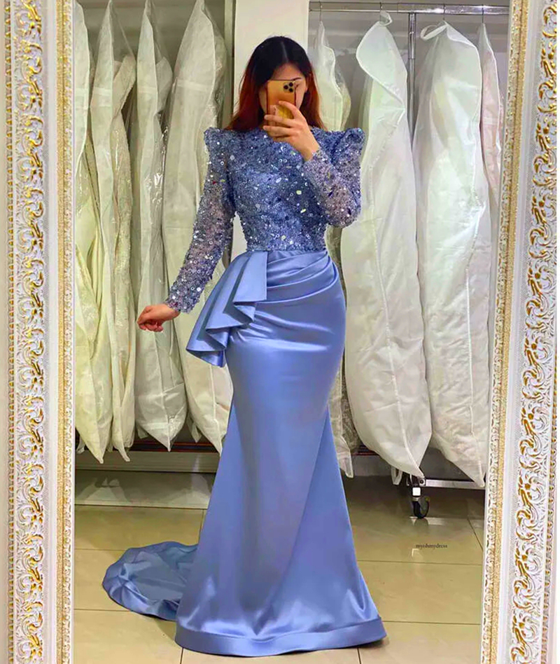 Elegant Light Blue Mermaid Evening Dresses Ssequins Beaded Long Sleeves High Neck Satin Prom Dress Pleats Sweep Train Special Occasion Gown For Women 