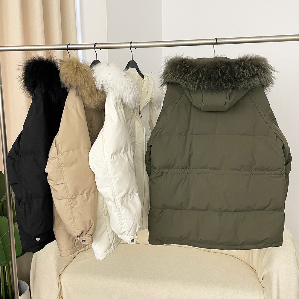 Autumn Winter 90% White Duck Workwear Down Jacket Women Mid-Length Hooded Coat Raccoon Fur Collar Thickened Warm