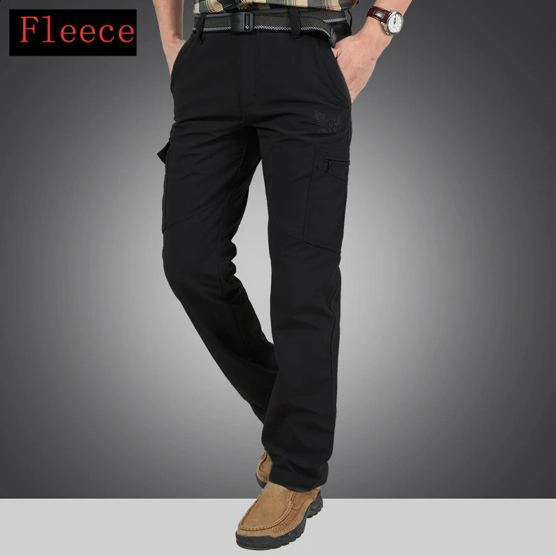 Warm Fleece Winter Pants Thicken Men Zipper Waterproof Work Casual Military Tactical Cargo Male Trousers 4XL 241105