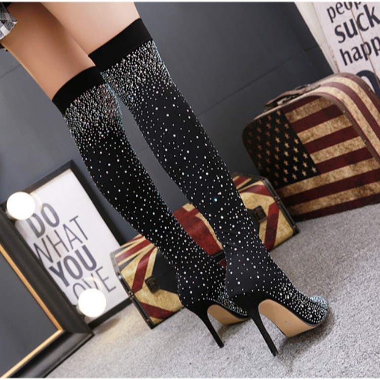 Eilyken Runway Style Crystal Over-the-Knee Thigh High Boots Woman Designer Pointed Toe Stretch New Fabric Long Sock Botas De Mujer
