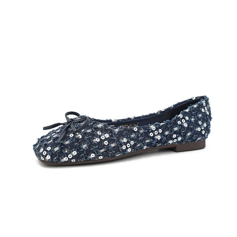 Xiaoxiangfeng French Soft Sole Single Shoe For Women's Spring And Summer Fashion, Crystal Sequin Fabric Versatile Butterfly Bow Flat Bottomed Sco