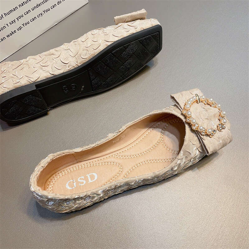 French Gentle Style Shallow Mouth Flat Single For Women, Korean Version, Spring And Summer New Items, Pearl Bow Square Toe Soft Sole Scoop Shoes