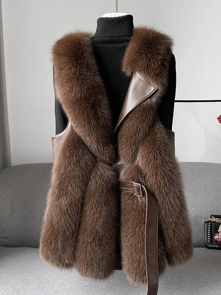 Faux Fur Coat Women Fashion Sleeveless Thicken Female Waistcoat 2024 Autumn Winter Lace Up Fluffy Warm Loose Lady Jackets 241105