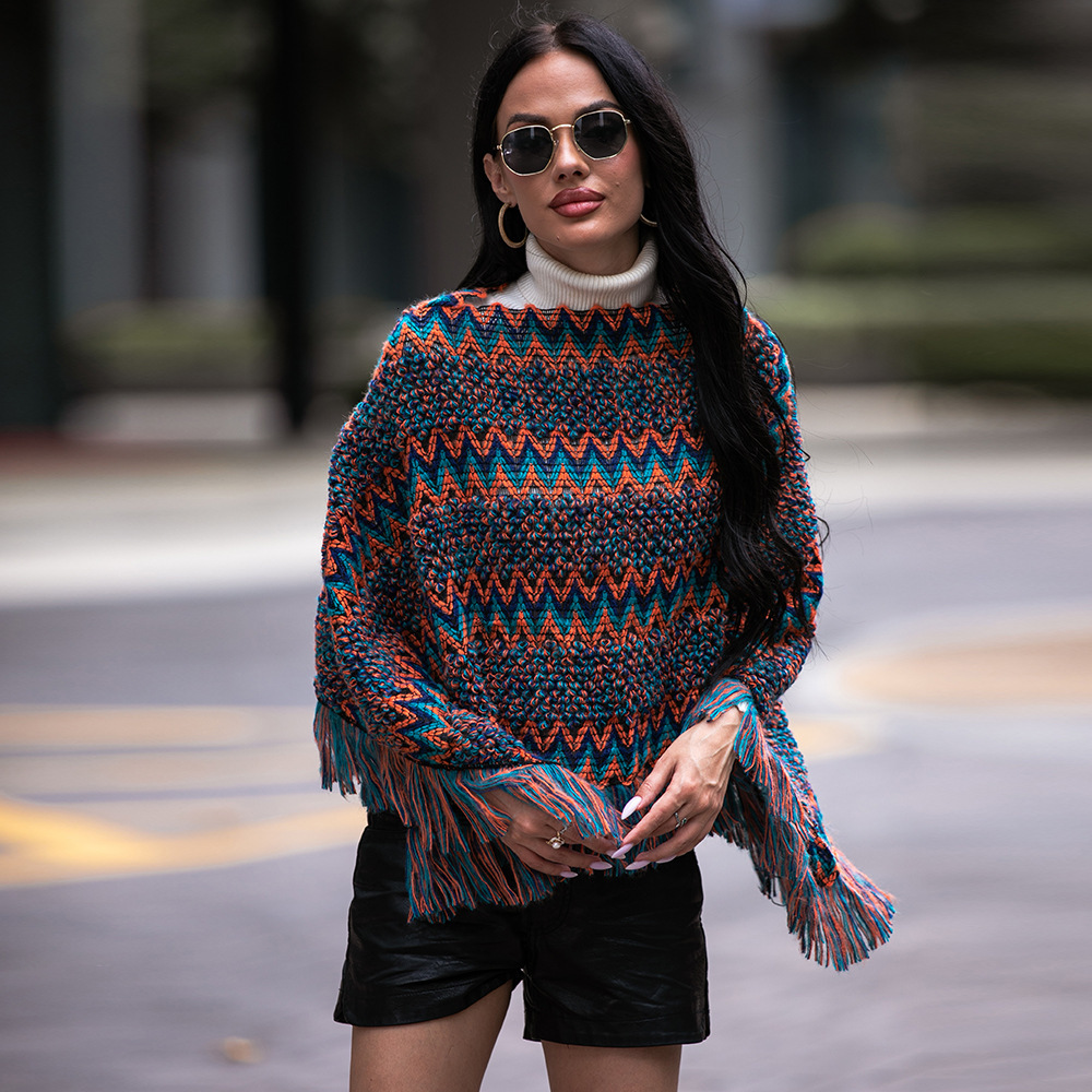Collar Cape Type Diagonal Grid Fringe Women Pullover Shawl Knitted Sweater women Sweaters Autumn Fashion Casual Loose Thick Harajuku Streetwear Knitwe
