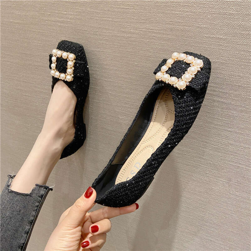 2023 Spring New Cloth Face Daily Versatile Square Head Shallow Mouth Large Flat Follow Women's Scoop Shoes