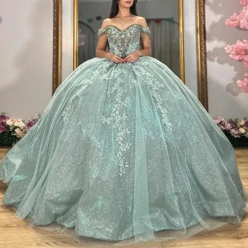 Mint Green Shiny Sweetheart Quinceanera Dresses Ball Gown Off the Shoulder Sequin Appliques Lace Beads Tull Vestido De 15 Anos Sweet 16 Dress
