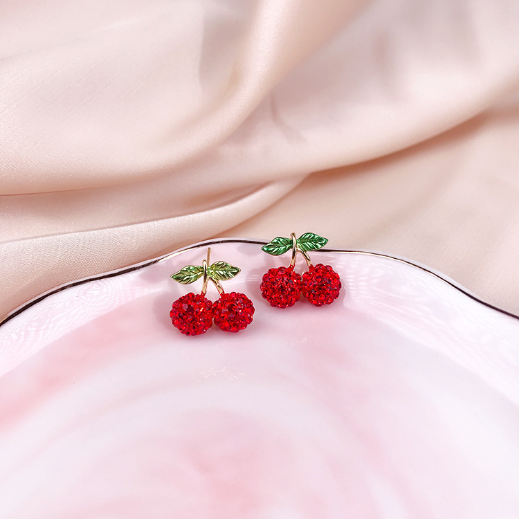 Stud earrings Red cherry strawberry S925 silver needle Stud girly fruit flower temperament crystal earrings red diamond earrings exquisite gift