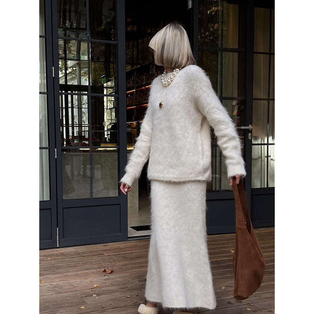 Women Solid Mohair Cashmere Sweater Skirt Suit Fashion O Neck Long Sleeve Knit Pullover Set Autumn Chic Lady Street Outfits
