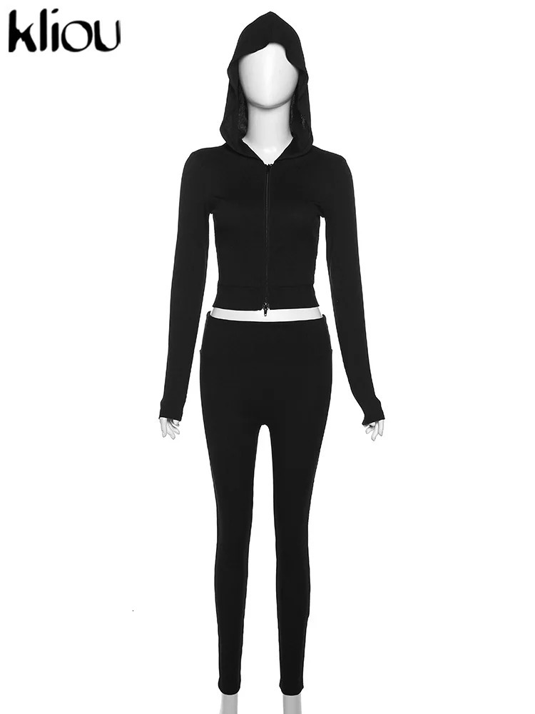 kliou Basic Concise Two Piece Set Women Casual Hooded Zip-up Slim TopsMatching Solid Pants Female Autumn Coordinate Outfits 241104