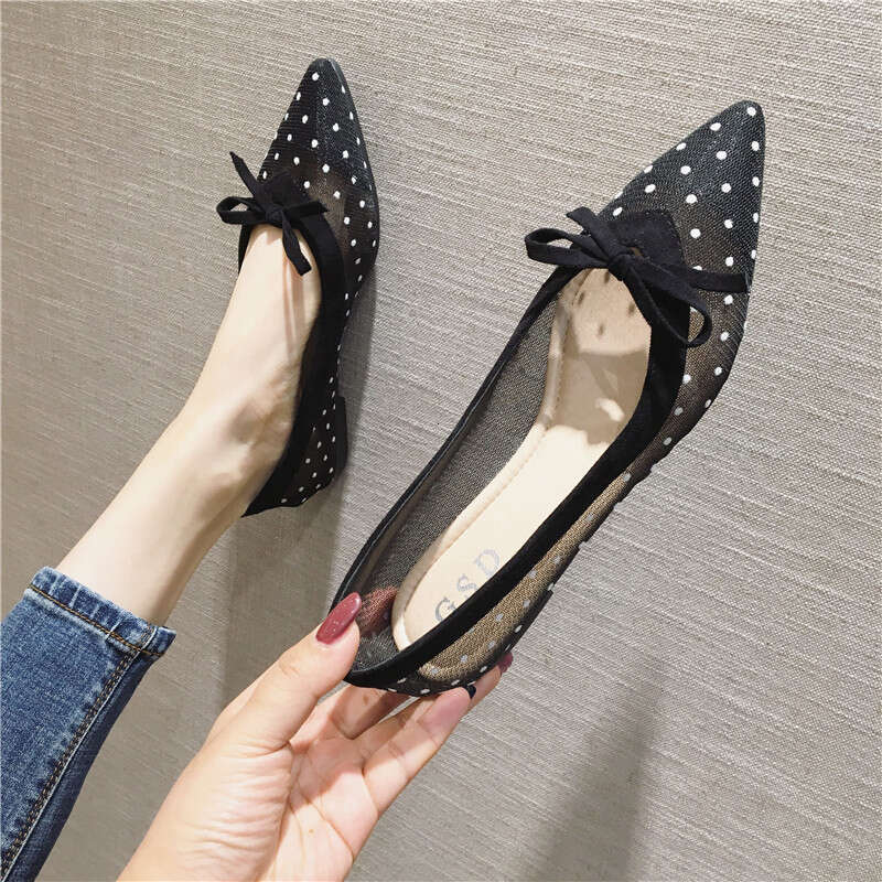 Korean Version New Single Shoe Women 2023 Versatile Fashion Breathable Pointed Shallow Mouth Mesh Fabric Flat Bottom Women's Scoop Shoes