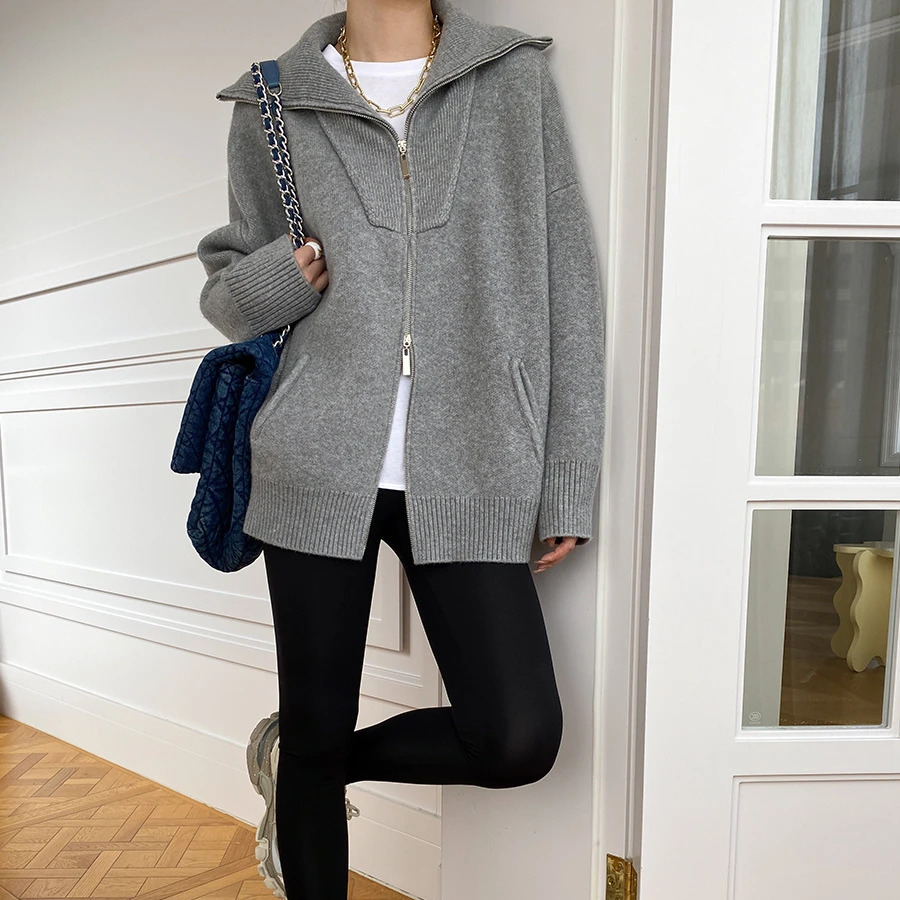 Autumn Winter Women's Knitted Sweater Fashion Personality High Quality Double Zip Cardigan Loose Oversized Lapel Jumper