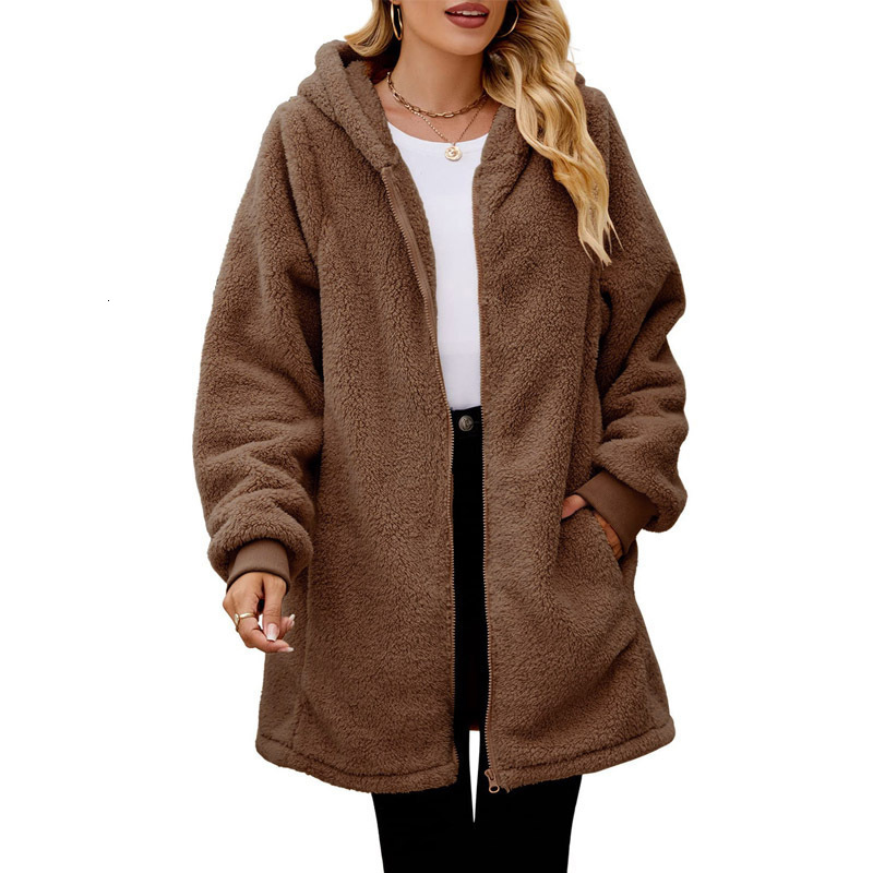 Winter New Loose Plush Women's Long Sleeved Hooded Zipper Cardigan Jacket