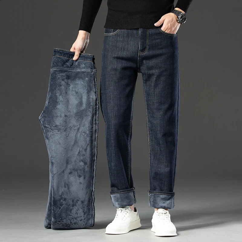 2024 Winter Fleece Thick Warm Men Jeans Slim Skinny Stretch Straight Classic Version of Denim Plush Pants Male Clothing 241105