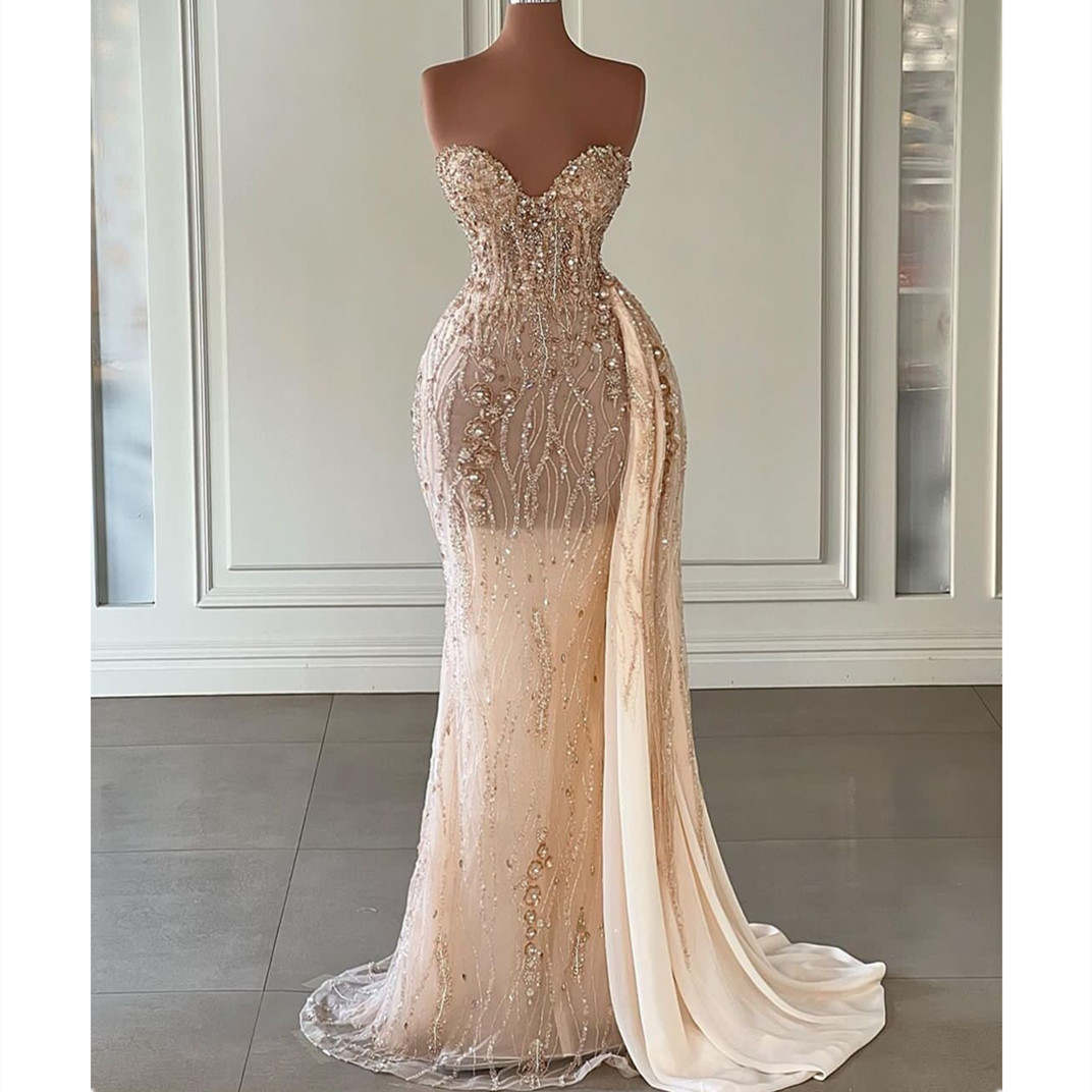 Graceful Strapless Prom Dresses Mermaid Sleeveless Crystal Evening Gowns Sequined Lace Side Train Customized Formal Party Dress
