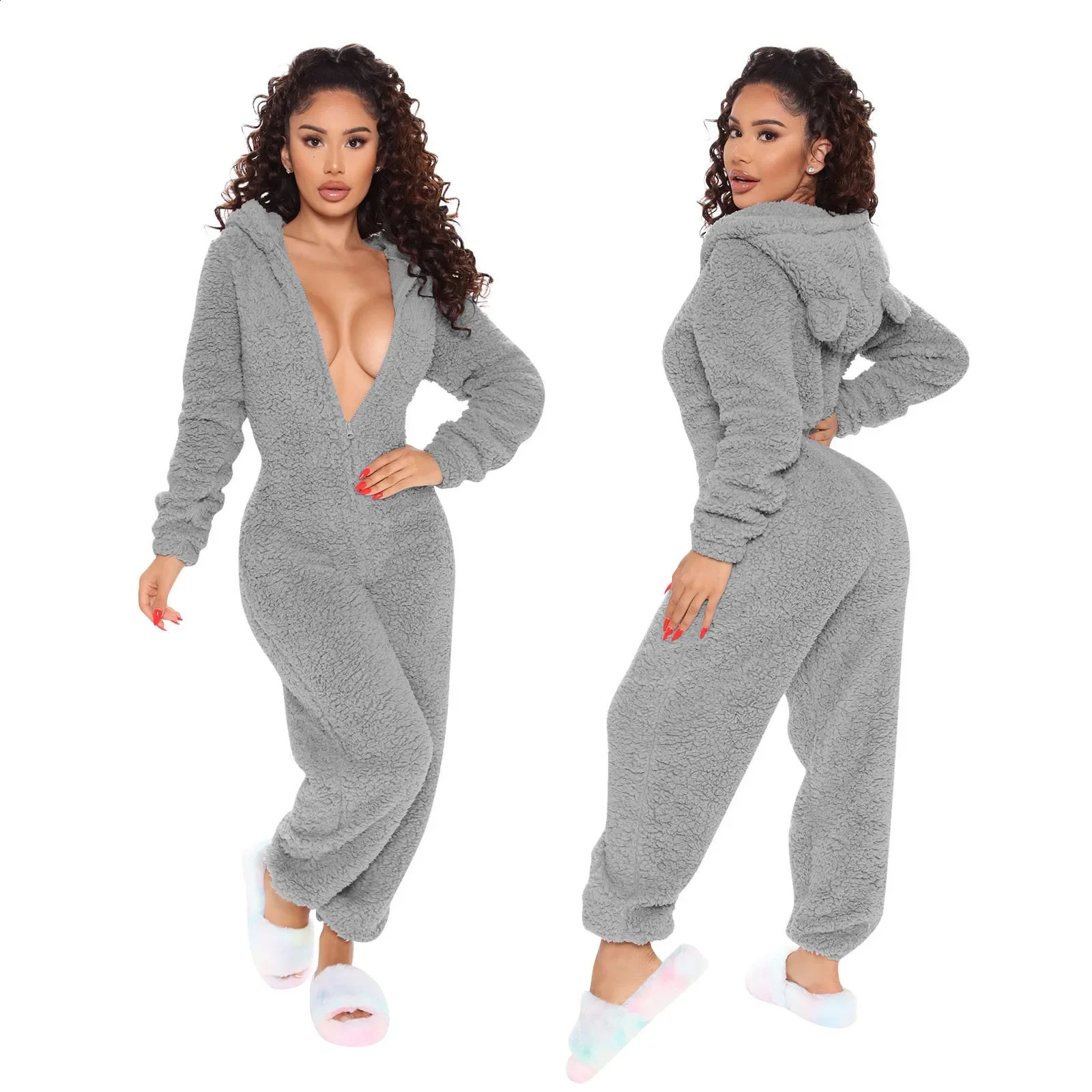 Oversize Fur Winter Teddy Ear Cute Sleepwear Onesies Jumpsuit Hooded Pajamas Homewear Warm Pajamas Robes Nightgown Thick Suit 241105