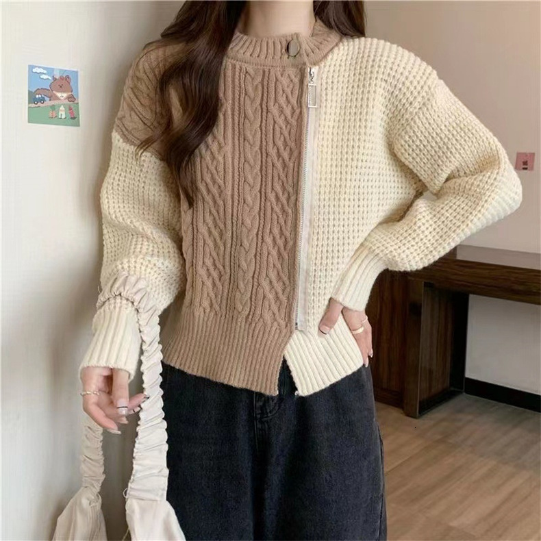 Lazy Style High End Zipper Knitted Sweater Women S Coat Autumn And Winter Short Design Sense Splicing Anti Aging Top F1105#40