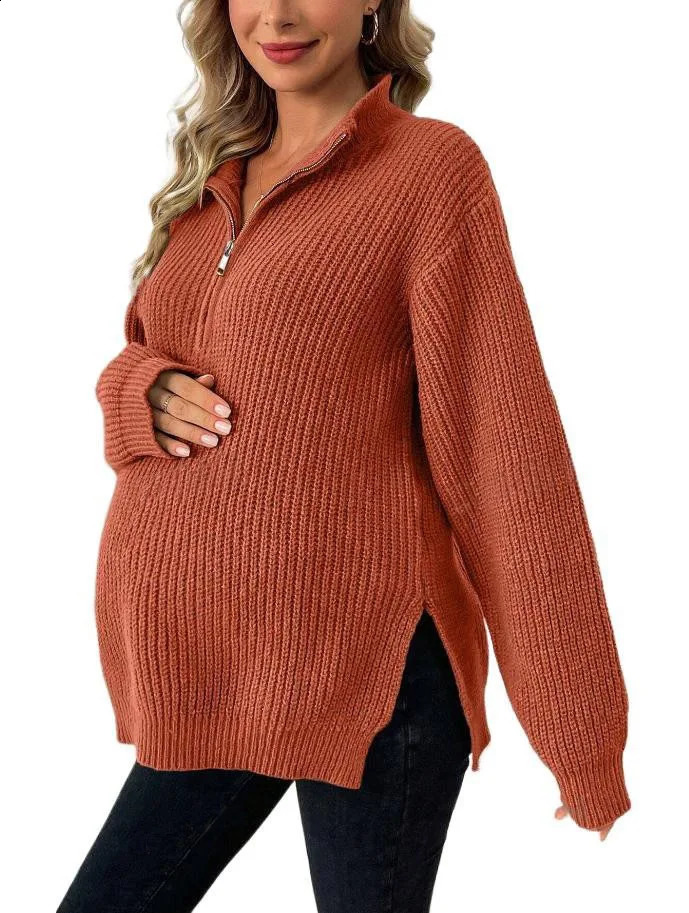 Retro fashion knitted sweater from the United States pregnant womens zipper side split oversized loose top suitable for pregnant women in autumn 24110