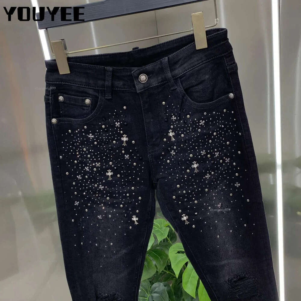 Men Jeans Black Drill Rhinestones Rivet Destroyed Ripped Skinny Leggings Stretch Denim Streetwear Male Pants 240821